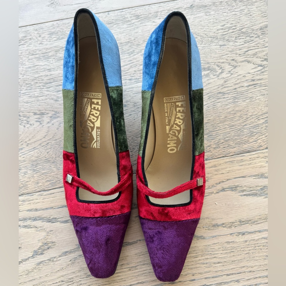 Salvatore Ferragamo Colorblock Velvet Kitten heels